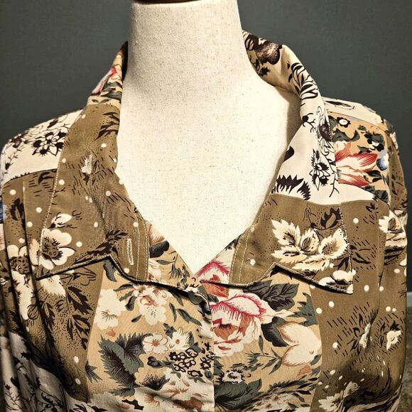 Womens Brylane Woman Collection Patchwork Pattern Long Sleeve Button Top 3X - Picture 3 of 11